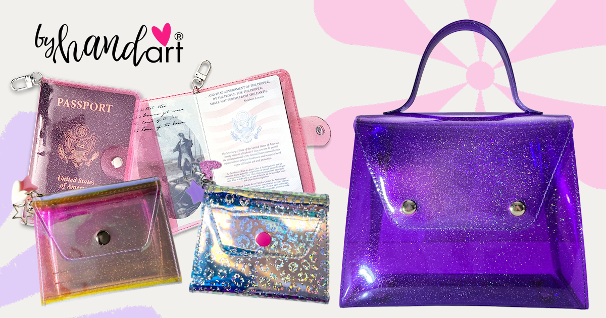A set of holographic handbags and accessories