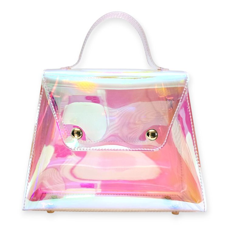 Glossy Pink Crossbody in holographic pink and yellow color-shifting vinyl with gold-tone hardware