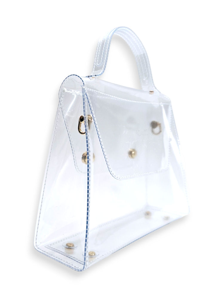 Crystal Gloss Clear Crossbody handmade transparent vinyl handbag with gold chain strap and gold hardware