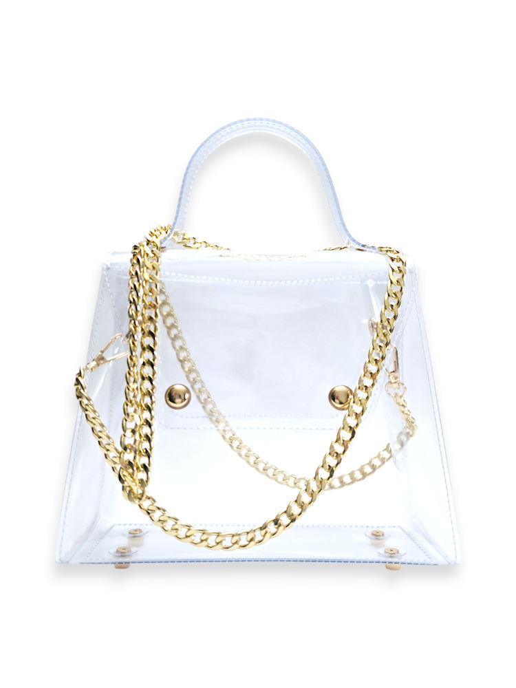 Crystal Gloss Clear Crossbody handmade transparent vinyl handbag with gold chain strap and gold hardware