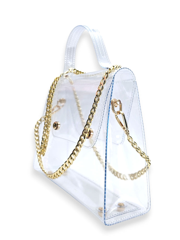 Crystal Gloss Clear Crossbody handmade transparent vinyl handbag with gold chain strap and gold hardware
