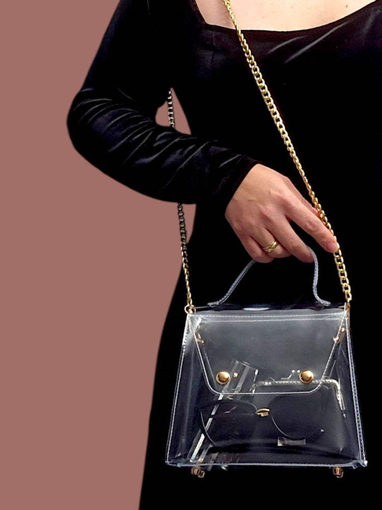 Crystal Gloss Clear Crossbody handmade transparent vinyl handbag with gold chain strap and gold hardware