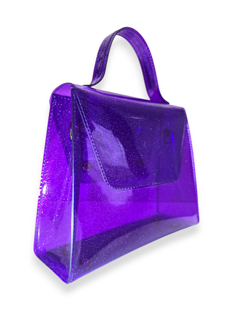 Galaxy Glow holographic crossbody bag in glossy sparkled purple vinyl with silver hardware
