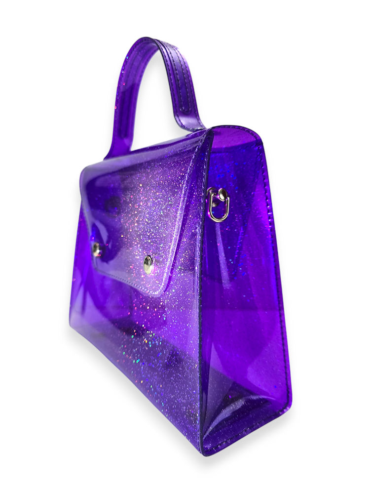 Galaxy Glow holographic crossbody bag in glossy sparkled purple vinyl with silver hardware