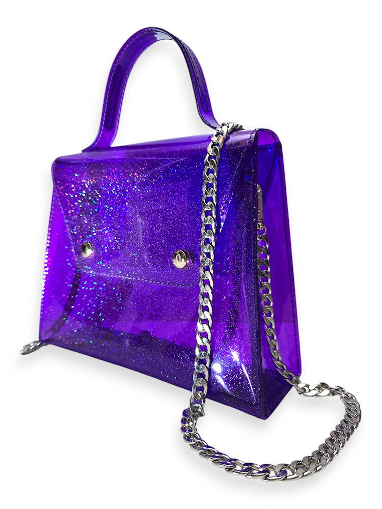 Galaxy Glow holographic crossbody bag in glossy sparkled purple vinyl with silver hardware