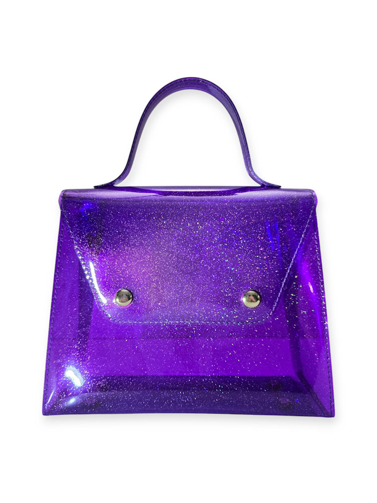 Galaxy Glow holographic crossbody bag in glossy sparkled purple vinyl with silver hardware