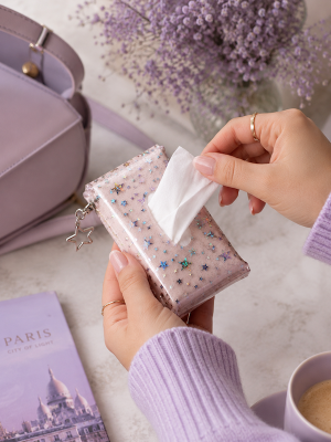 Holo Stars Tissue Holder handmade blush vinyl tissue holder with holographic star pattern and star keyring