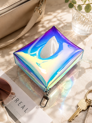 Personalized holographic tissue holder with oval opening and silver swivel hook