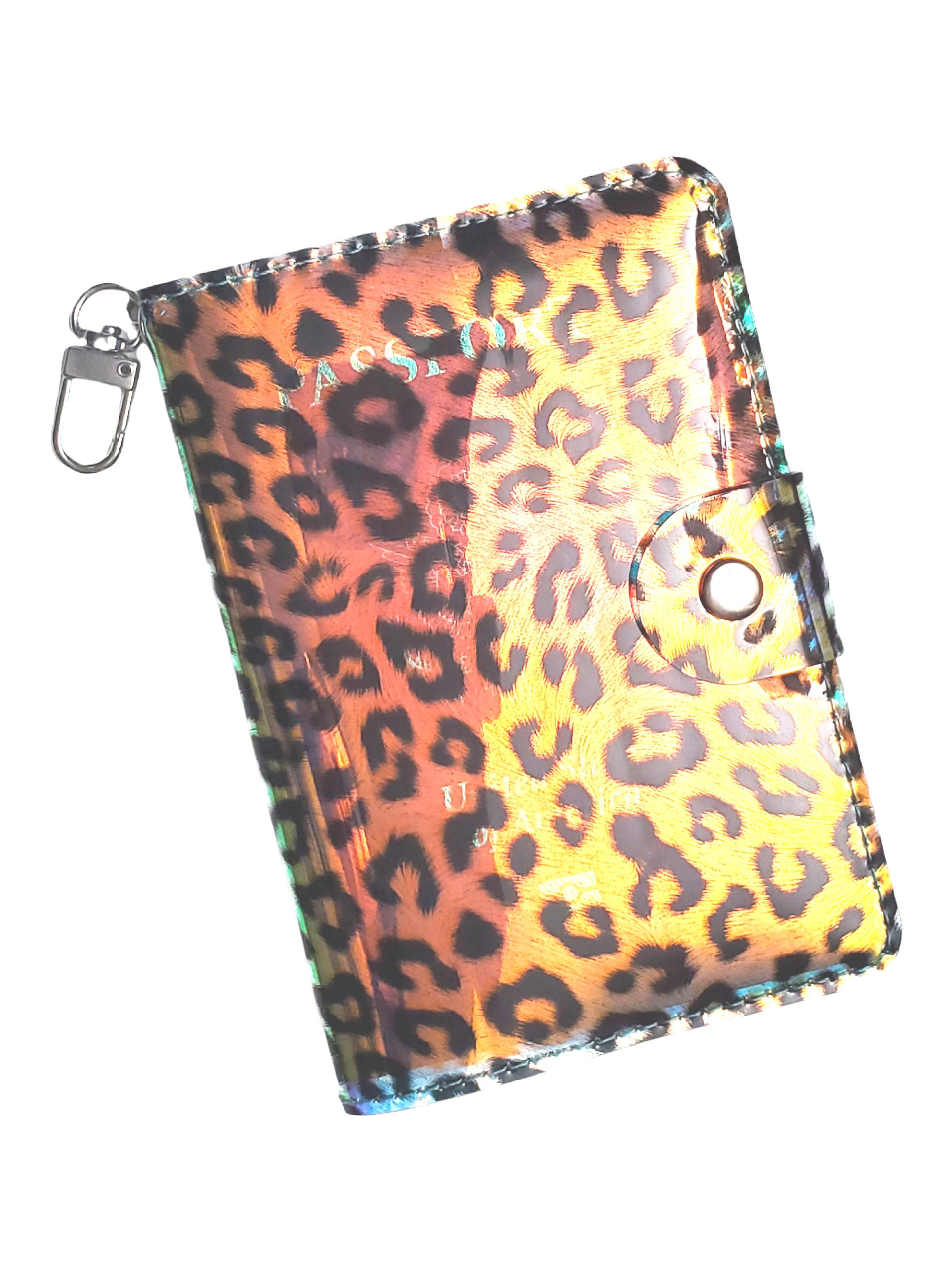 Leopard Iridescent Passport Case with silver hardware and swivel hook