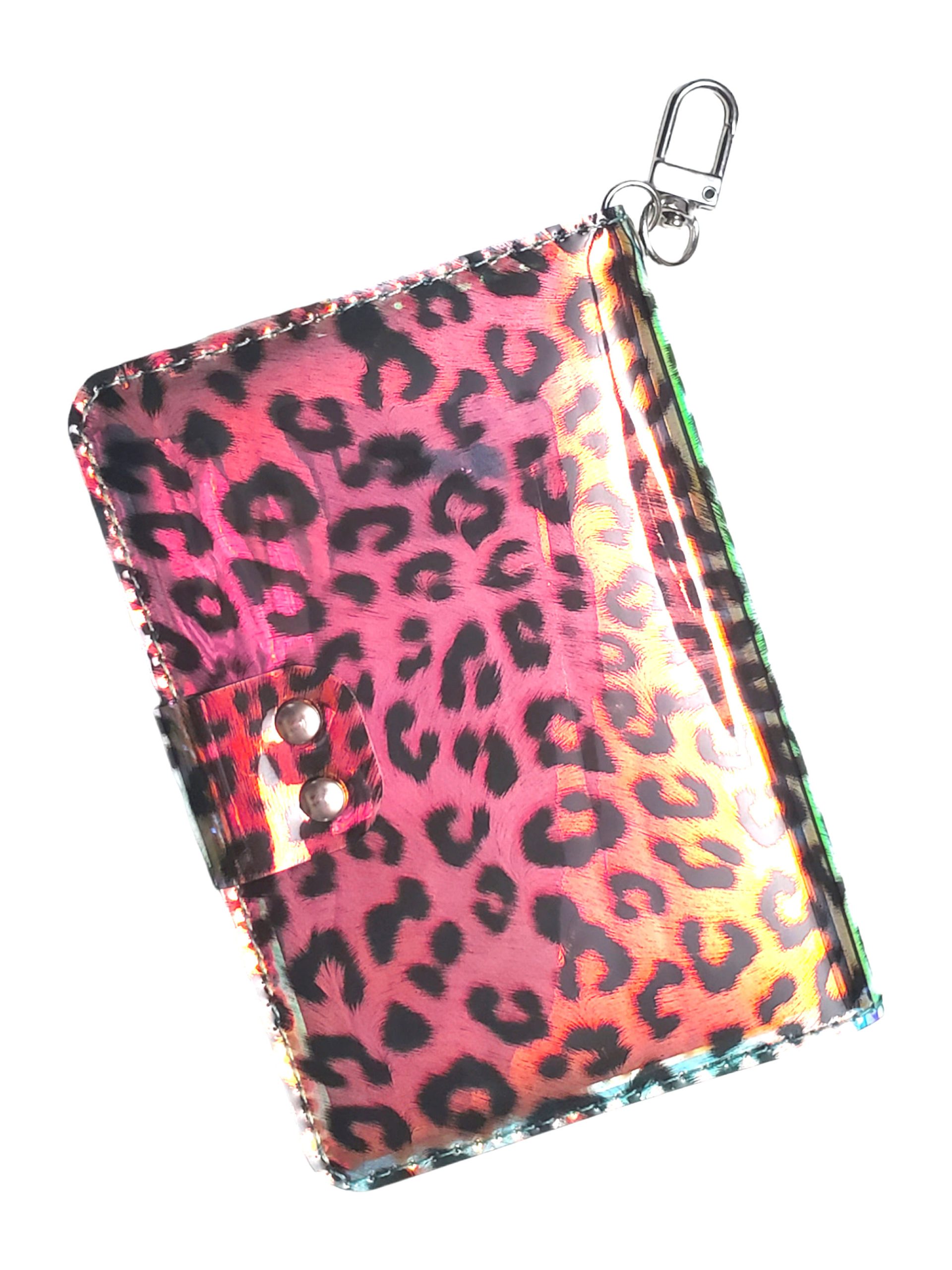 Leopard Iridescent Passport Case with silver hardware and swivel hook