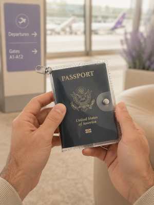 Crystal Clear Passport Case in transparent vinyl with silver hardware and swivel hook