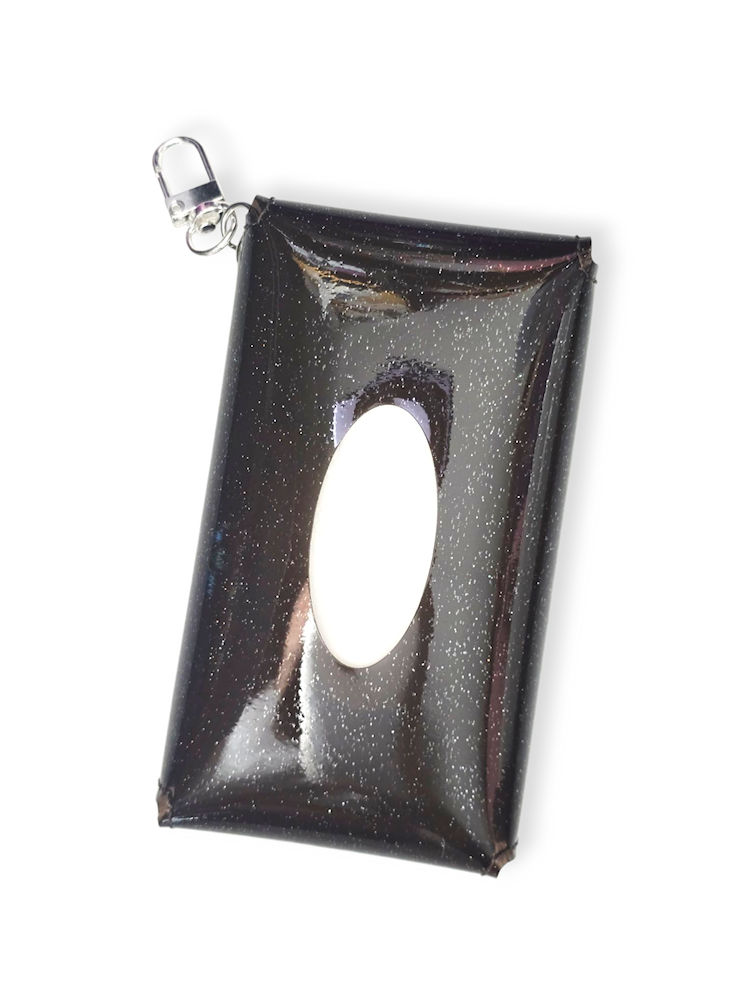 Glossy Mocha Tissue Holder in sparkled mocha brown vinyl with silver swivel hook