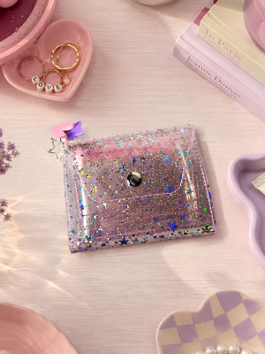 Holo Stars Wallet in holographic sparkled vinyl with star details, silver hardware, swivel hook, and keyring