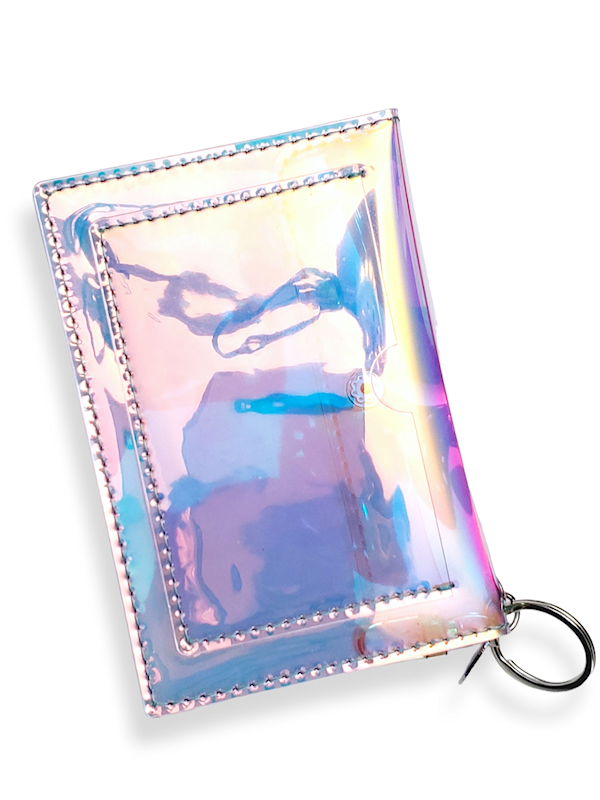 Prismatic Teal Slim Wallet in holographic teal vinyl with snap closure, keyring, and lobster clasp