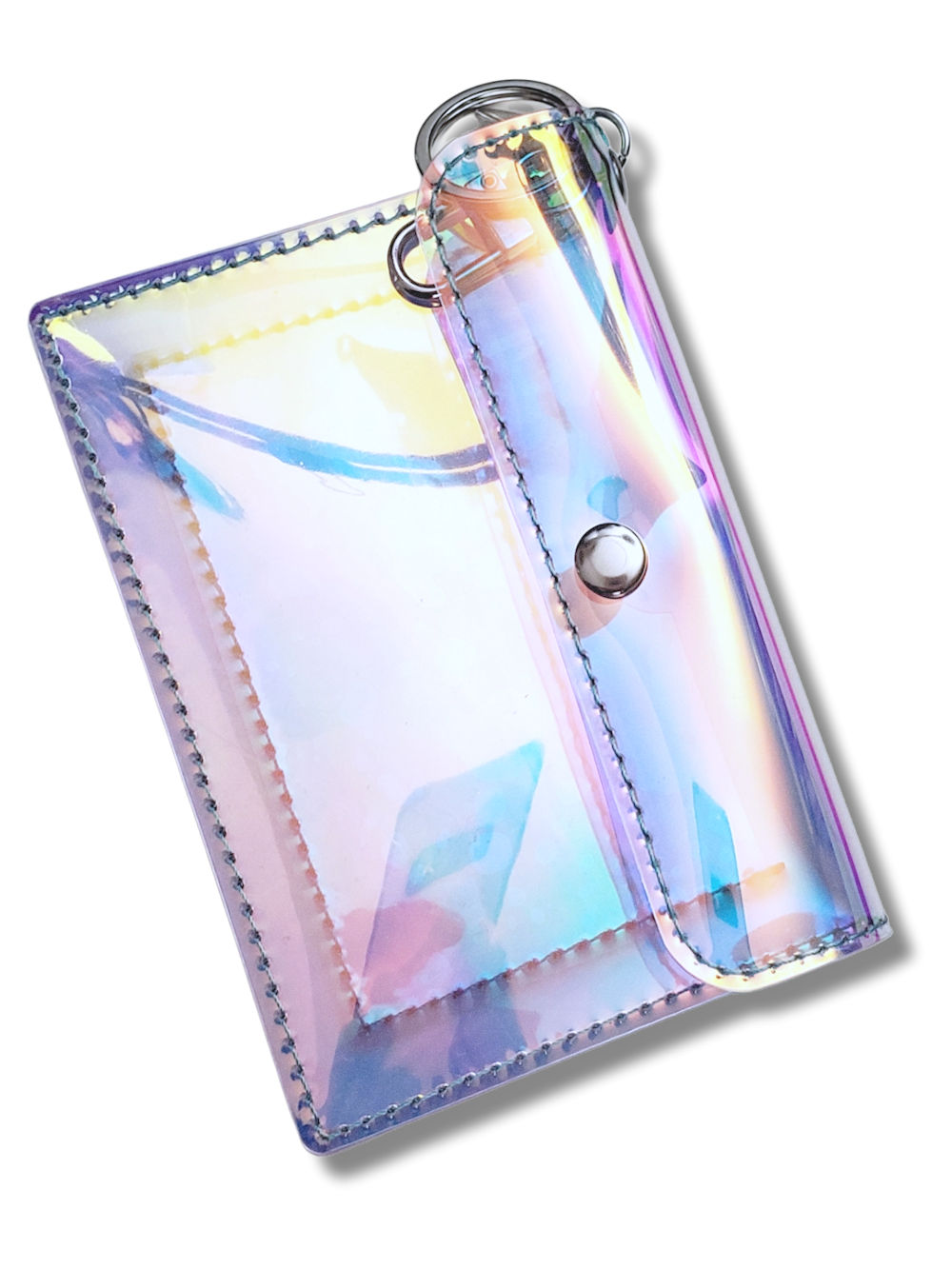 Prismatic Teal Slim Wallet in holographic teal vinyl with snap closure, keyring, and lobster clasp