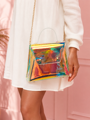 Holo Teal Shoulder Bag in glossy holographic teal vinyl with gold-tone hardware and color-shifting finish