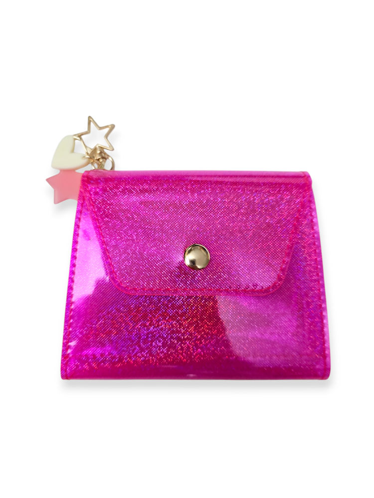Pink Stardust Wallet in glossy hot pink vinyl with holographic sparkle and gold-tone hardware
