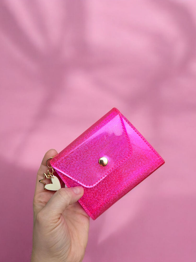 Pink Stardust Wallet in glossy hot pink vinyl with holographic sparkle and gold-tone hardware