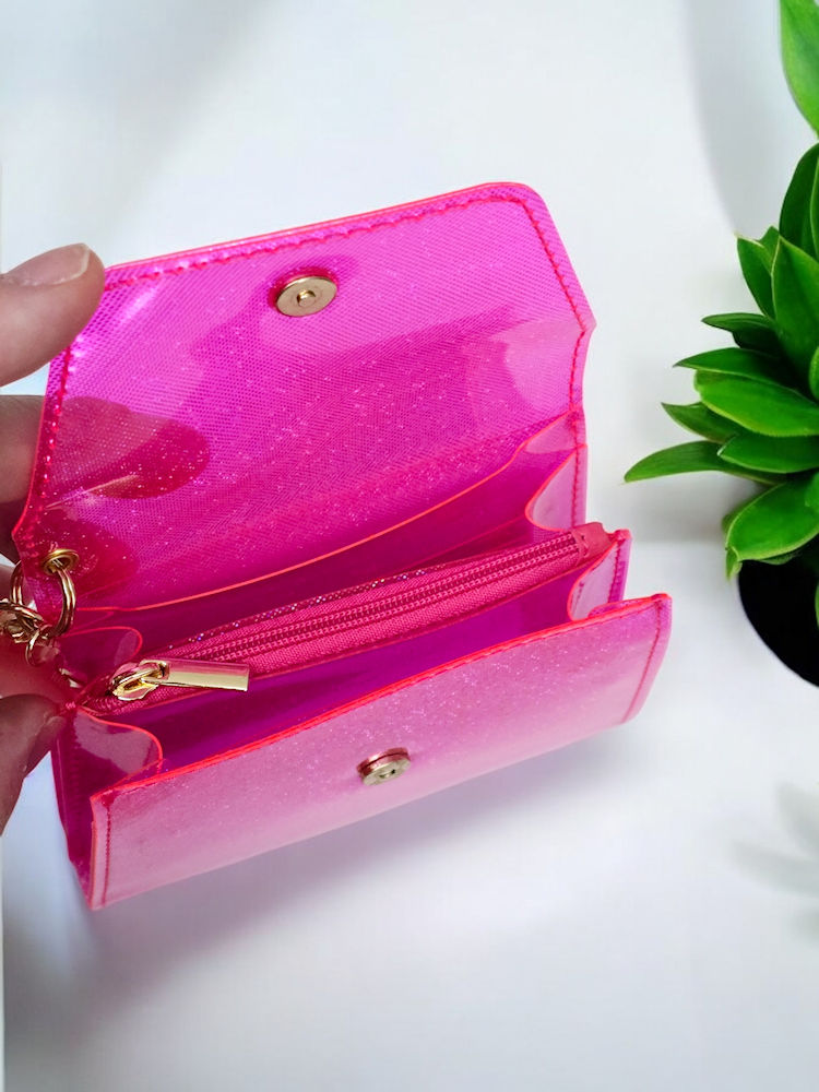 Pink Stardust Wallet in glossy hot pink vinyl with holographic sparkle and gold-tone hardware
