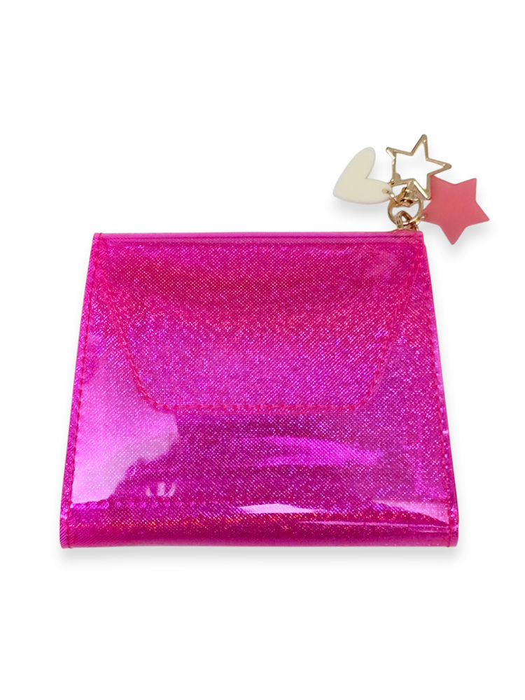 Pink Stardust Wallet in glossy hot pink vinyl with holographic sparkle and gold-tone hardware