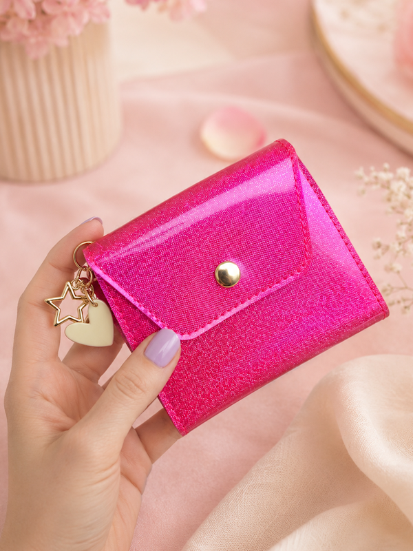 Pink Stardust Wallet in glossy hot pink vinyl with holographic sparkle and gold-tone hardware
