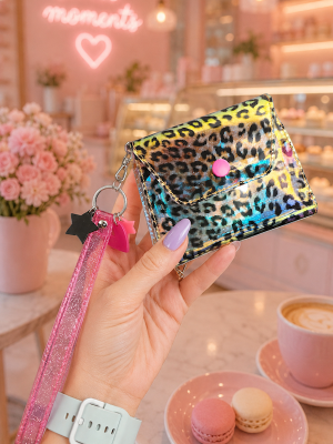 Prismatic Leopard Wallet handmade holographic wristlet wallet with teal, hot pink, and gold color-shifting reflections