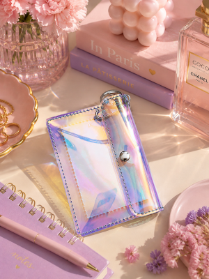 Prismatic Teal Slim Wallet in holographic teal vinyl with snap closure, keyring, and lobster clasp