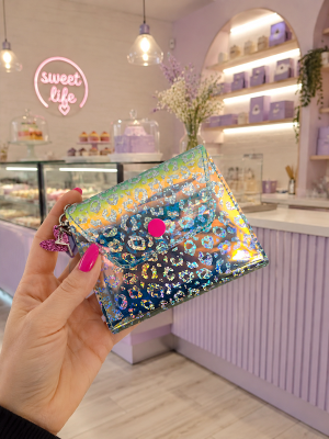 Prismatic Wild Wallet in holographic leopard print vinyl with silver hardware and optional hot pink wristlet